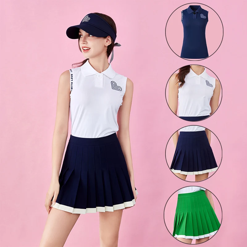 Love Golf Ladies Sleeveless Golf Polo Shirt Breathable Anti-sweat Tank Tops Korean Slim Pleated Skirt High-waist Golf Skort Set