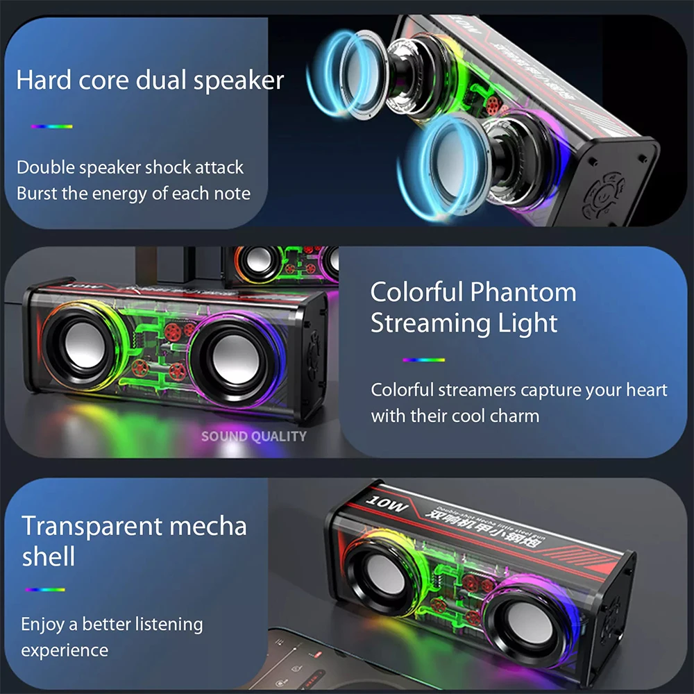 V8 Transparent Mecha Speaker Bluetooth 5.3 Wireless Bass Diaphragm Subwoofer Sound Box Music TWS Stereo Soundbar LED Loudspeaker