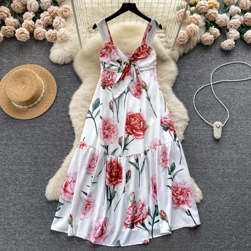 

Fashion Runway Sexy Spaghetti Strap Bow Flower Printed High Waist Holiday Beach Chiffon Vestidos High Quality Summer Women