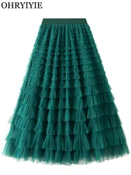 OHRYIYIE Solid Color Floor-Length Tulle Skirt Bohemian Women Lengthen Boho Long Maxi Skirt Female Autumn Winter Party Skirt Lady