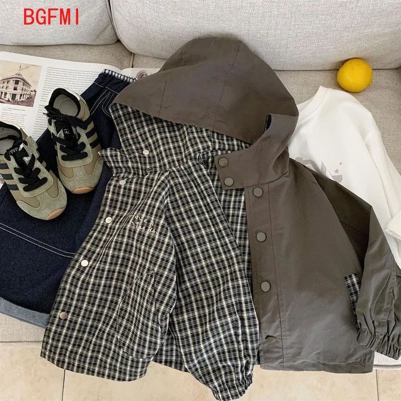 2-11세 아동용 체크무늬 재킷 봄과 가을 2025년 신상  캐주얼 후드 양면 상의 아동복 소년용 멋진 스타일