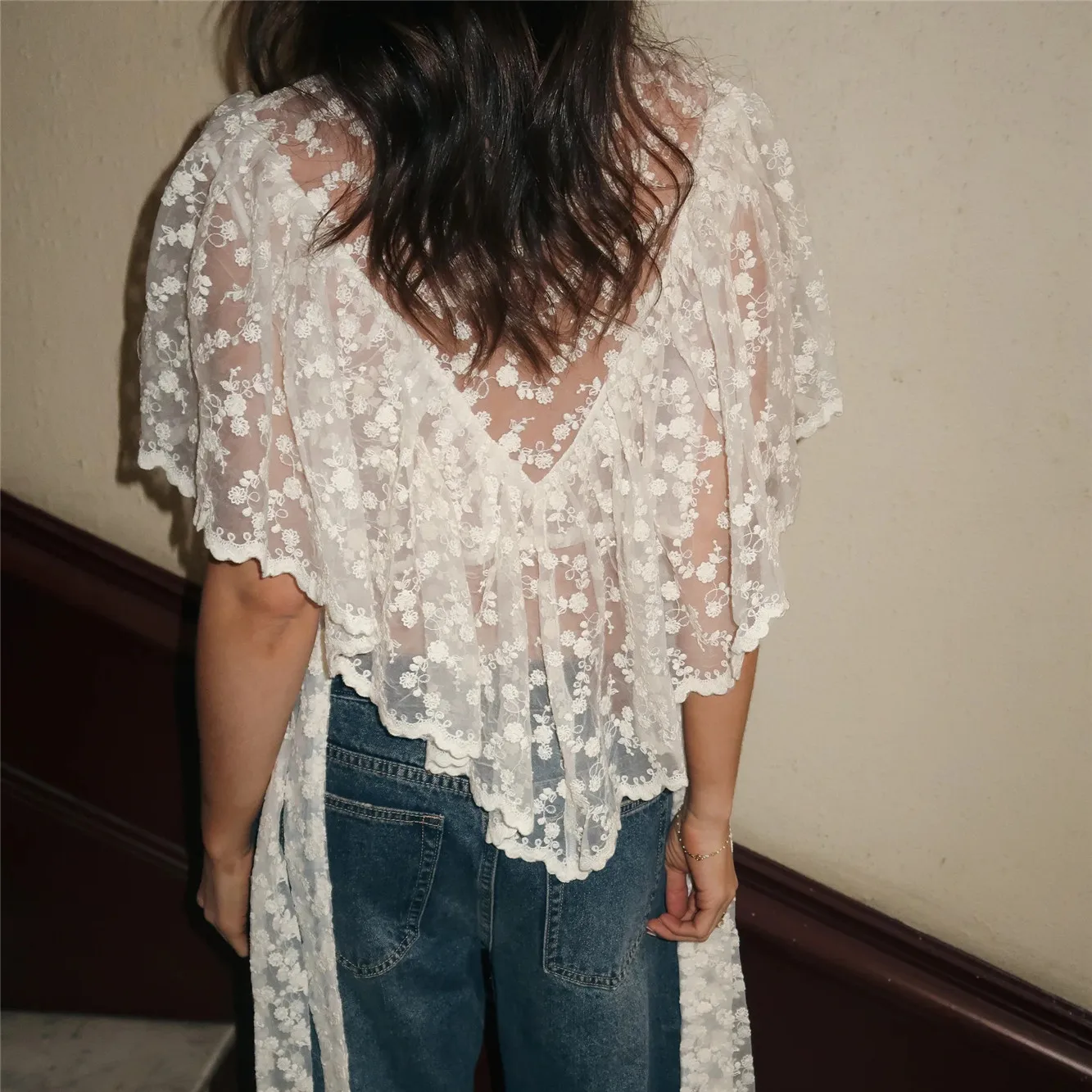 Women's Black Floral Lace Embroidered Sheer Asymmetric Shawl Top — photo 6