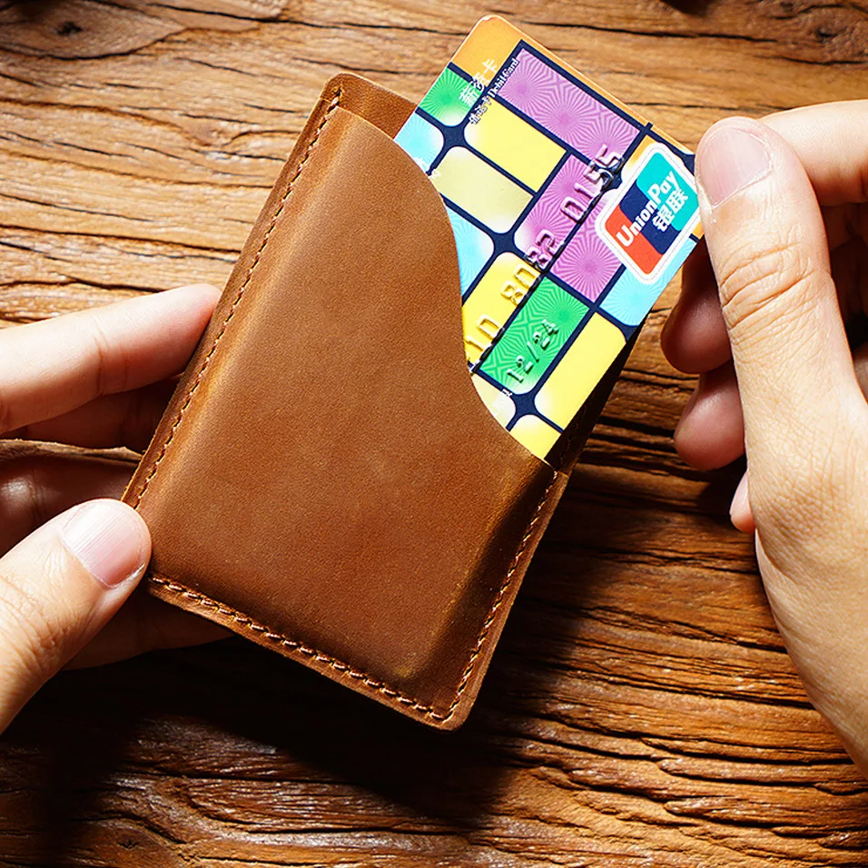 Top-Grain Leather Card Holder-Vintage Crazy Horse Leather Multi-Functional Wallet, Minimalist Coin & Bank Card Organizer Case