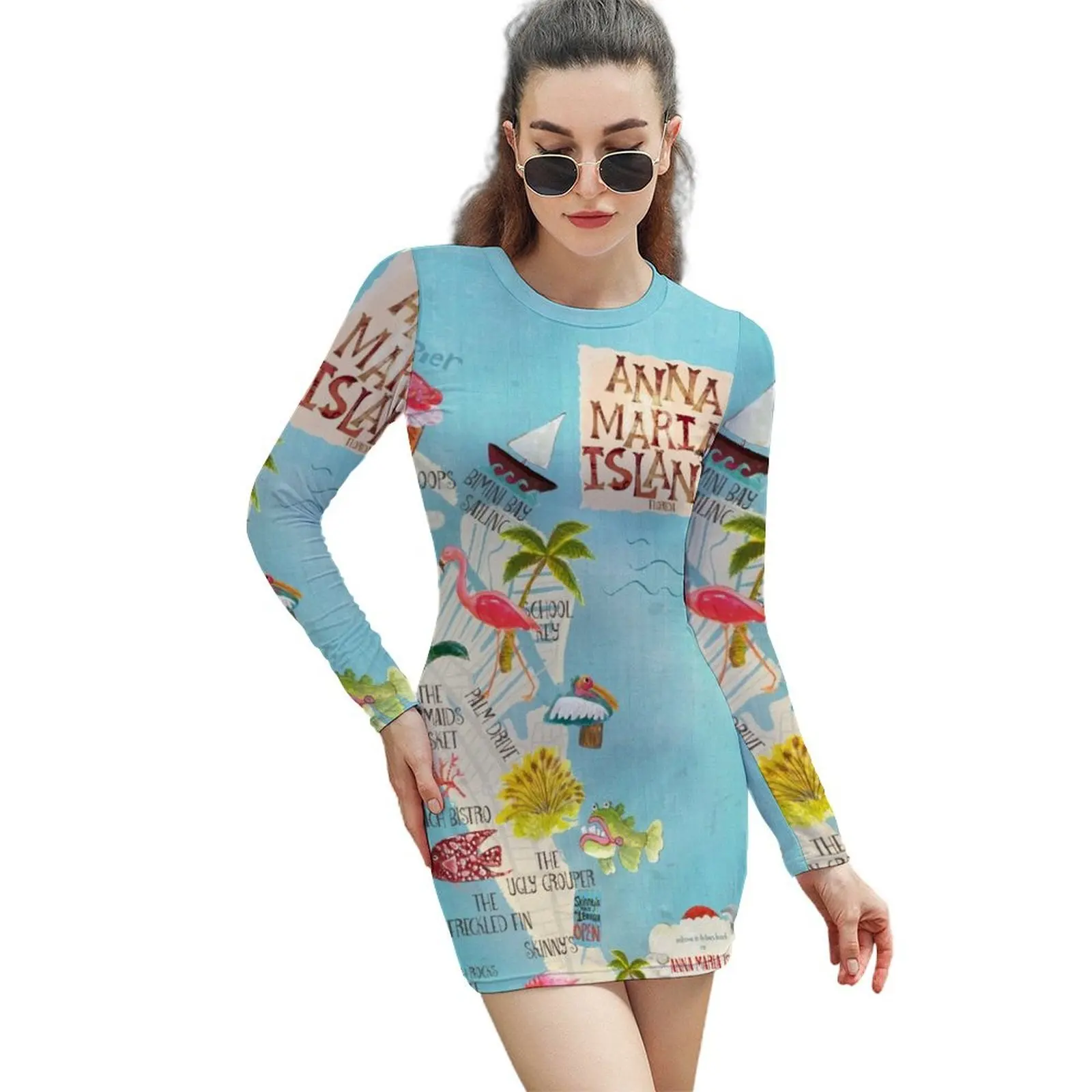 Anna Maria Island Florida//custom island map design and pattern Long-Sleeved Sheath Dress Dresses for wedding party