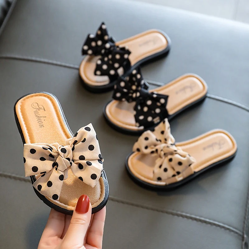 

Baby Kids Girls Summer Beach Slippers, Toddlers Dots Bow Open Toe Slide Slippers, Nonslip Cross Slippers with Bowknot for Kids