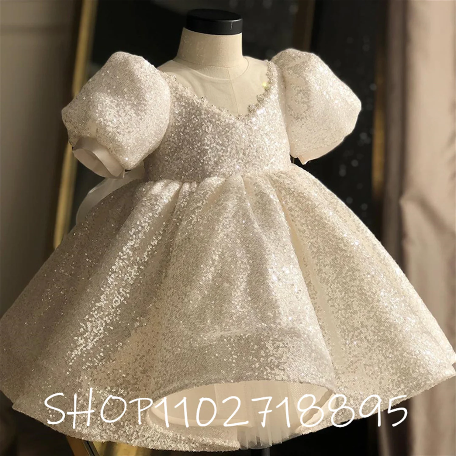 

Sequins Flower Girl Dress Birthday Lace Beaded Sweetheart Short Sleeves Sparky Ball Gown Bow Knee Length Kids Princess Dress