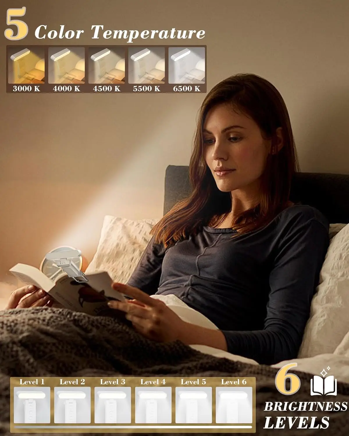 12LED rechargeable book light USB reading light clip 5 colors 6 brightness adjustable reading in bed