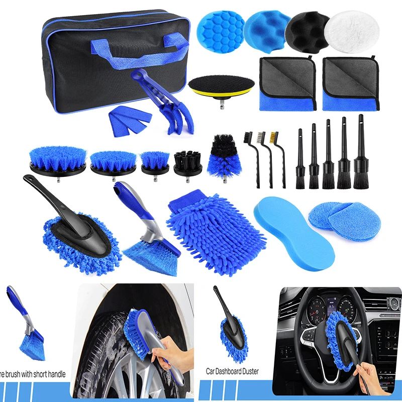 29pcs Car Detailing Kit, Interior/Exterior Cleaning Tools for Wheels, Leather, Dashboard, Vents, Crevice Brushes, Auto Care Set