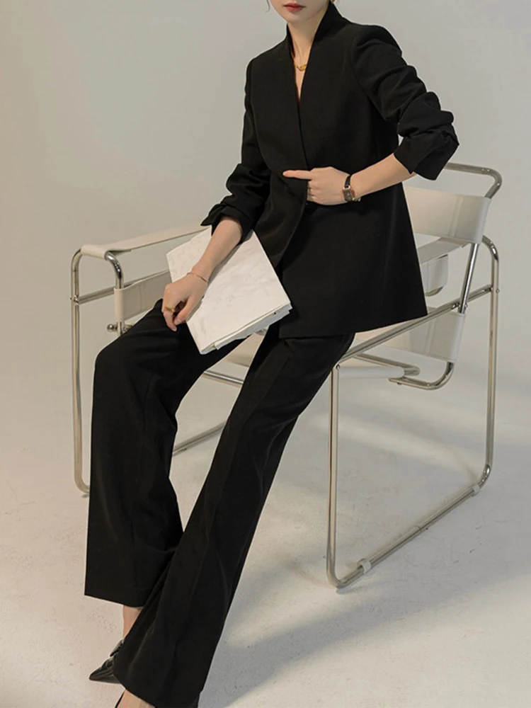 [LANMREM] Office Lady Suits Blazers Women Single Button V Neck Blazers High Waist Wide Leg Pants 2024 Spring New 26D9041