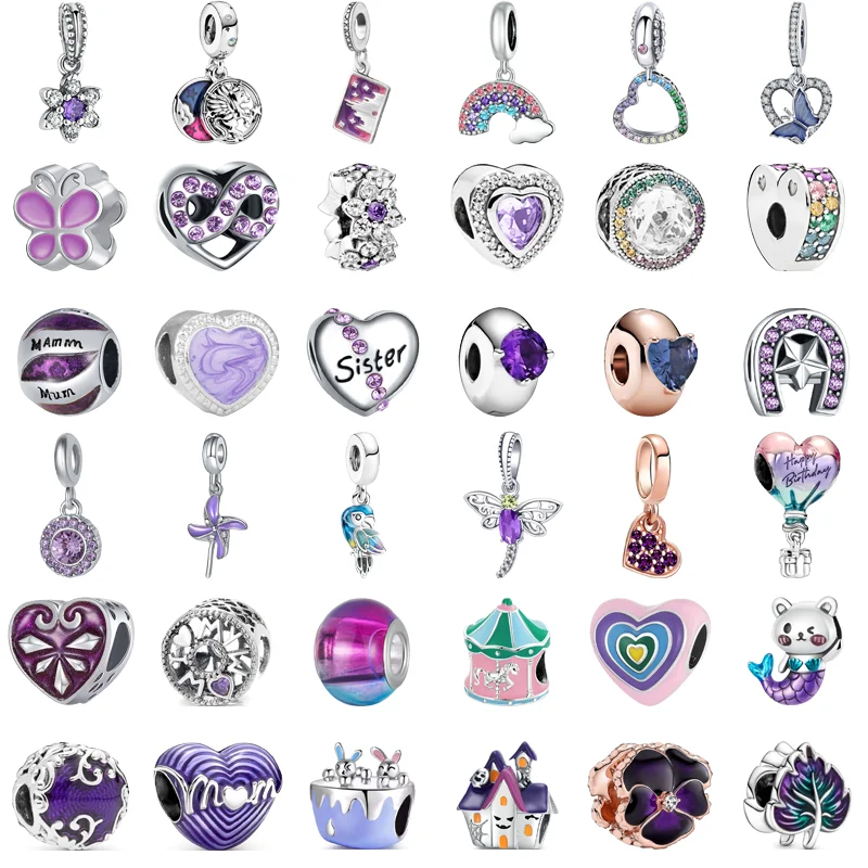

New Purple Style Heart Butterfly Mom Windmill Fishtail Fashion Bead Fit Original Pandora Charm Silver Color Bracelet DIY Jewelry