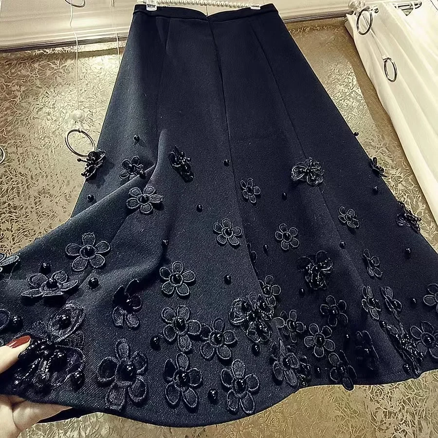 KEBUNUO Beaded Woolen Skirt Front View