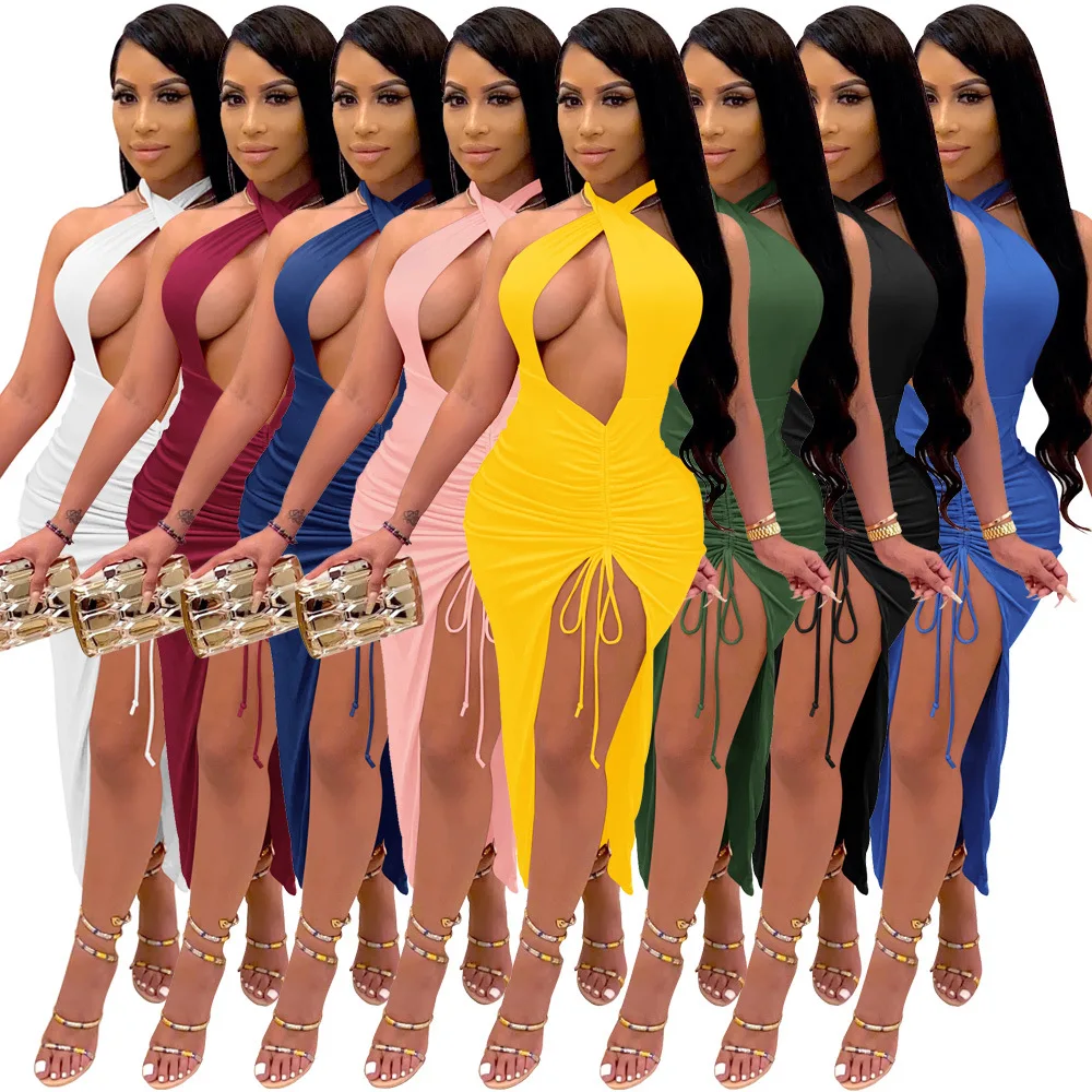 

Sexy halter neck open back slit Women Long Mini Dress Elegant Hollow Out Sexy Bodycon Dresses birthday dress for women sexy