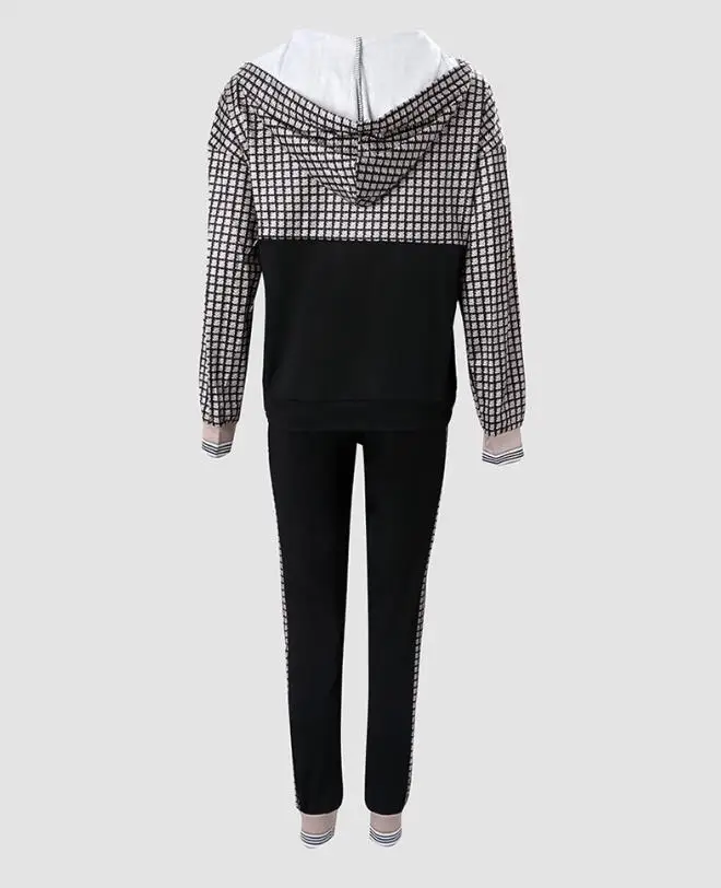 New Fashion 2023 Hot Selling Women's Plaid Patch Zip Front Long Sleeve Zip Hoodie and Pants Set