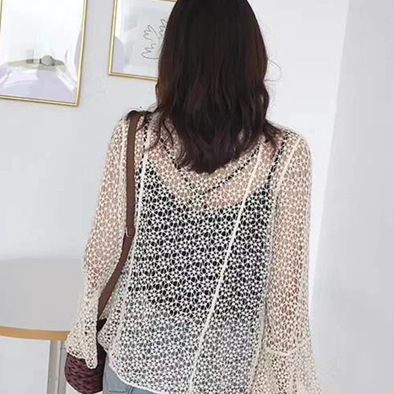 FindThy Cardigan da donna a 3/4 con maniche svasate in pizzo e