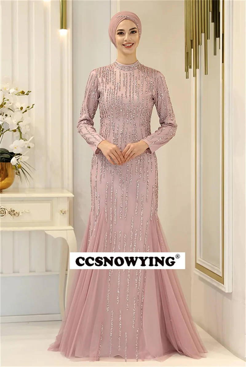 

Tulle Appliques Beaded Muslim Evening Dresses Islamic Long Sleeve Hijab Formal Party Gowns Women Arabic Kaftan Robes De Soirée