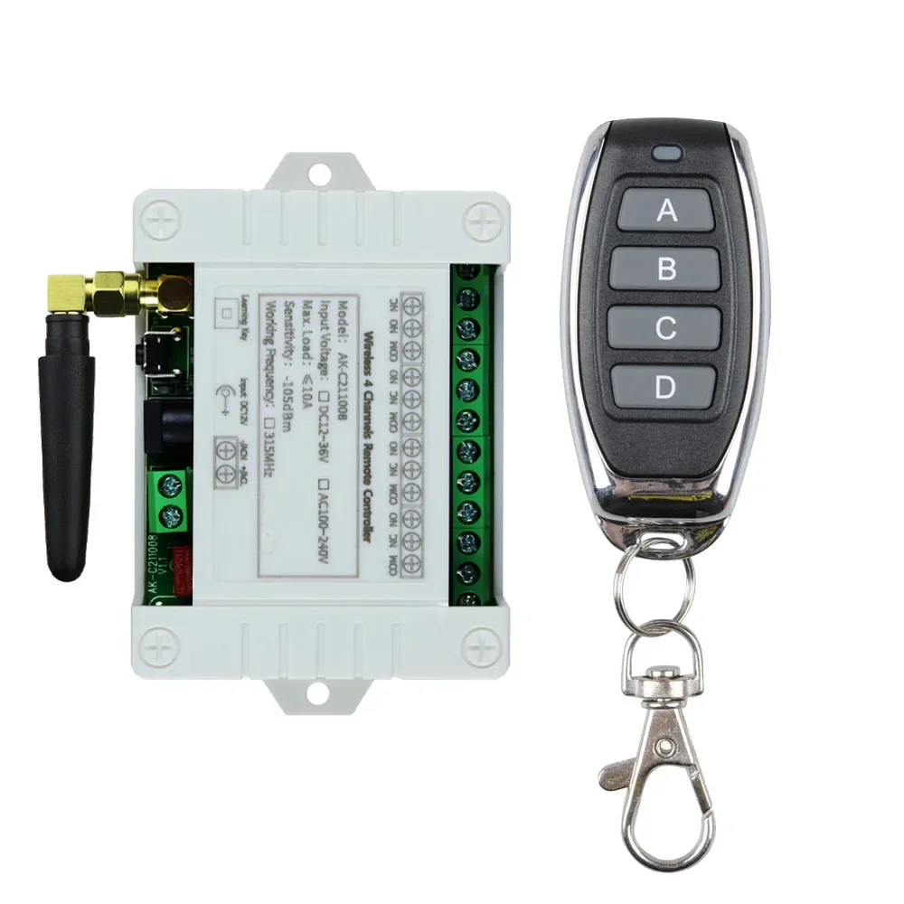 

Smart Multiple DC 12V 24V 36V 10A 433MHz 4 Channel Wireless Relay RF Remote Control Switch Receiver + 4CH Metal Transmitter