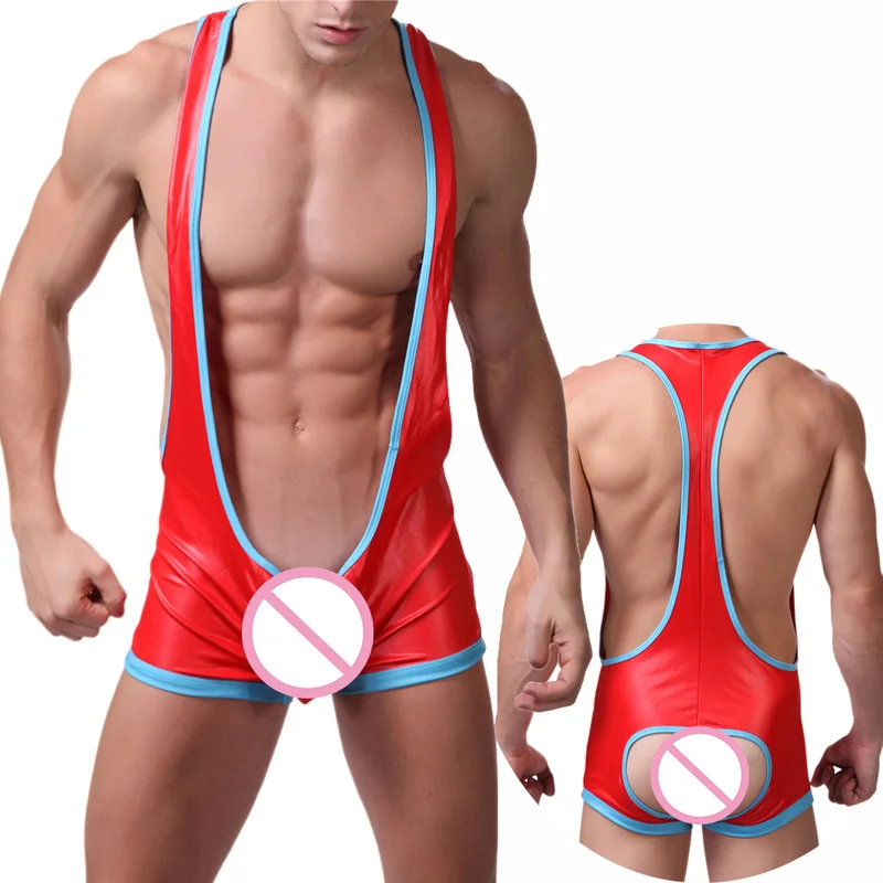 

Mens Undershirts PU Leather Jumpsuit Wrestling Singlet Backless Leotard One-Piece Bodysuit Sexy Gay Jockstrap Underwear Clubwear