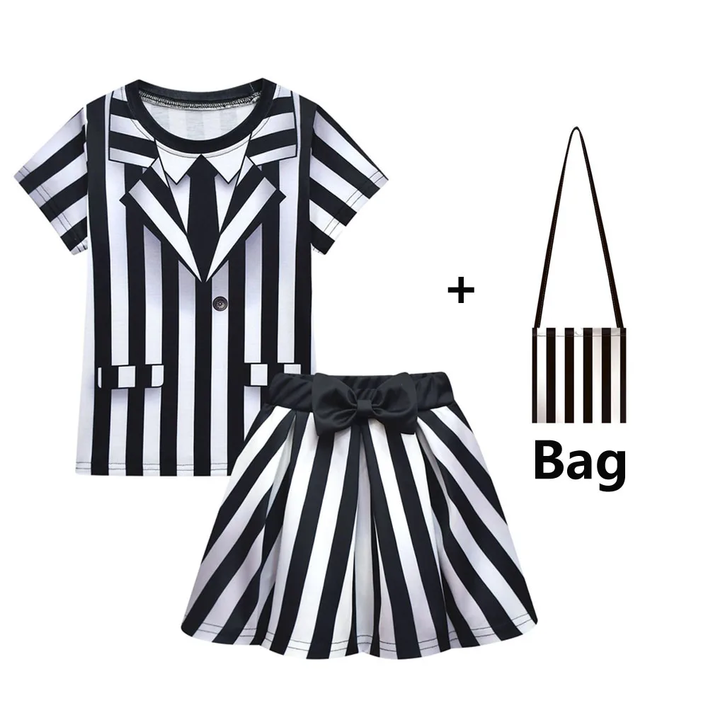 thumbnail image 1 of New BBeetlejuice 2 Roleplaying Kids Costume Girl Cosplay Troublemaker Demon Pleated Skirt+Wig Suits Child Halloween Funny Clothe, 1 of 5