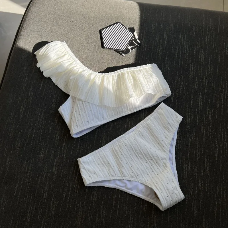 Women's One Shoulder Bathing Suit Ruffle Trim High Waisted 2 Piece Bikini Set