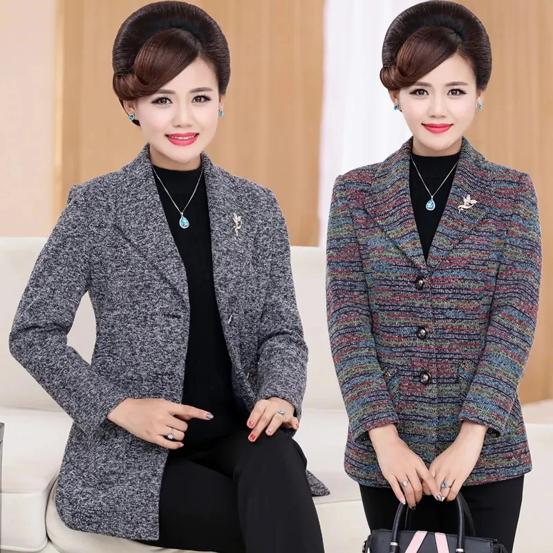 Woolen Coat In Spring And Autumn New Fashion Suit Collar Slim  Loose And Comfortable Middle-aged And Elderly Women Winter  Coat