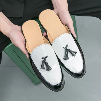 Mules Men Fashionable Slippers with Color Blocking Low Heel Tassel Decoration Comfortable Men Casual Shoes