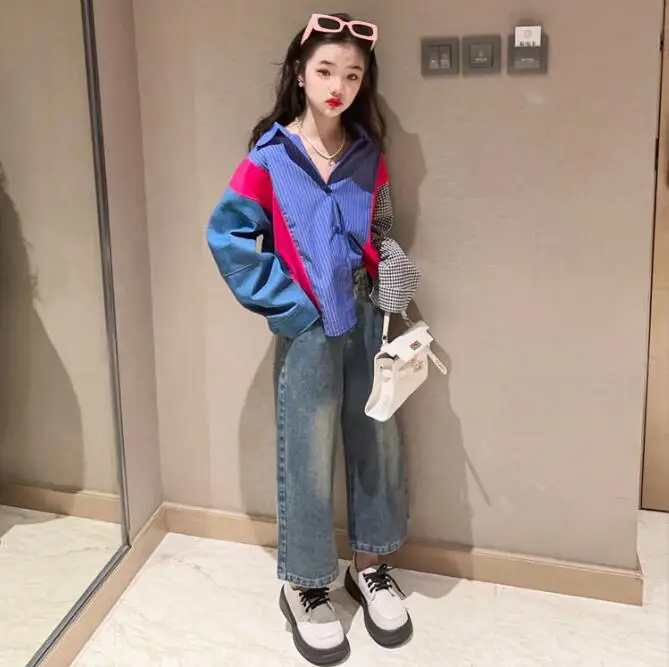 Korea style girls patchwork shirt full sleeve fashion spring girls blouse 4-12t F404 kids shirts