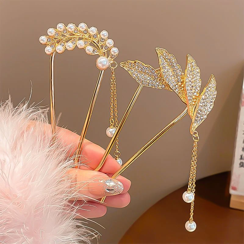 Fashion U-shaped Metal Hair Clip With Pearl Pendant For Women Elegant Hairpin Head Hair Clasp Jewelry Accessory Bridal Headdress