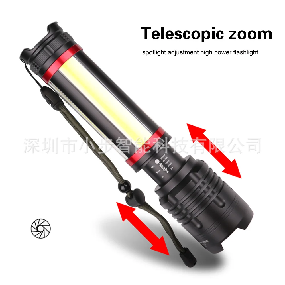 

New LED Strong Light Flashlight XHP70+COB Beads Built-in Lithium Battery Telescopic Zoom Band Steel Ring