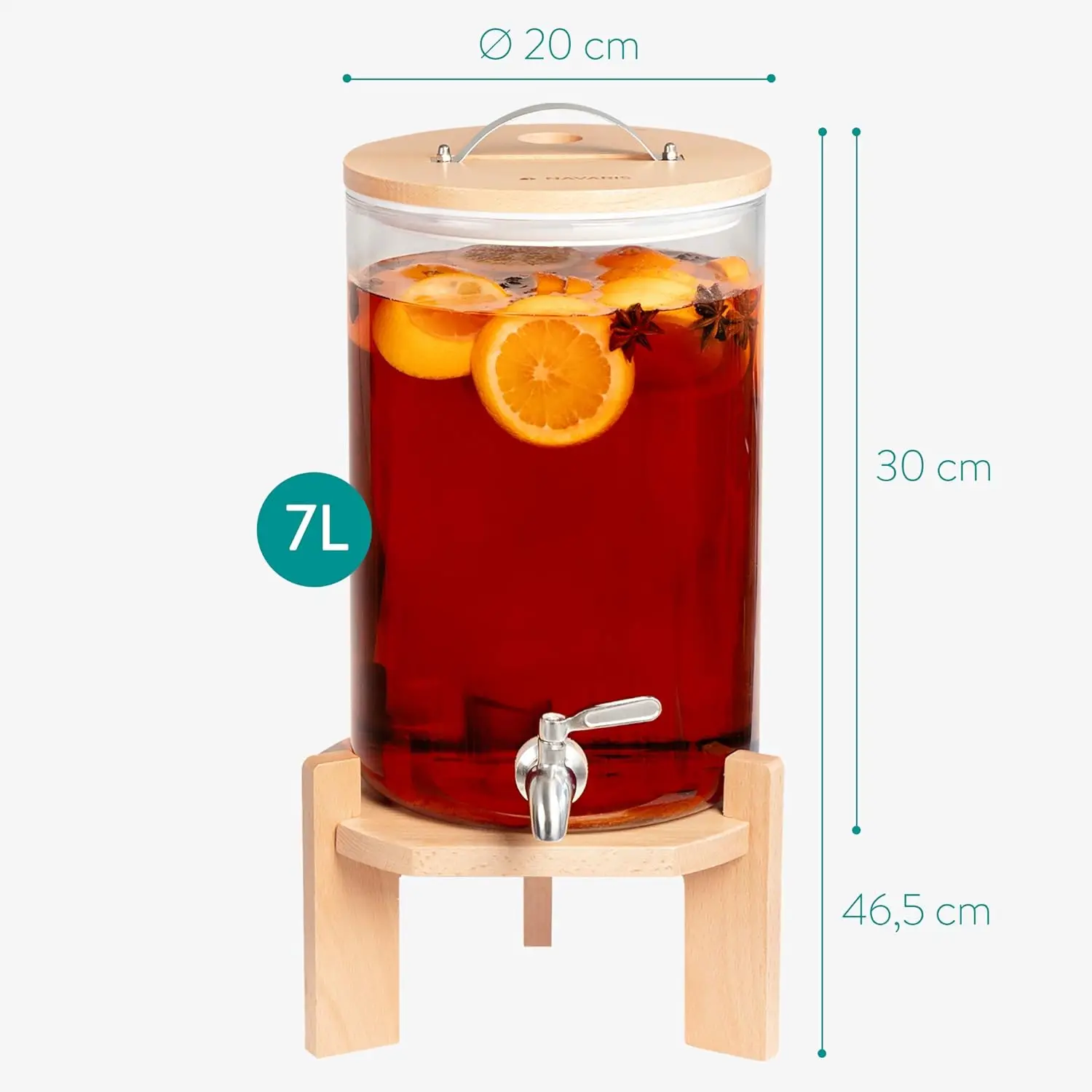Beverage Dispenser with Stand - 1.8 Gallon (7L) Glass Drink Dispenser with Spigot, Lid, Beech Wood Stand for Hot or Cold 6