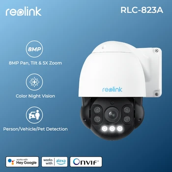 Reolink PoE IP 카메라, PTZ 팬/틸트, 5 배 광학 줌, 사람, 자동차, 애완 동물 감지, 컬러 나이트 비전, 양방향 오디오 보안 카메라, 8MP