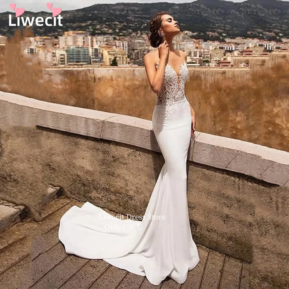 

Liwecit Lace Mermaid Wedding Dresses Appliqued Backless Long Satin Sweep Train Beach Bridal Gowns vestidos de novia