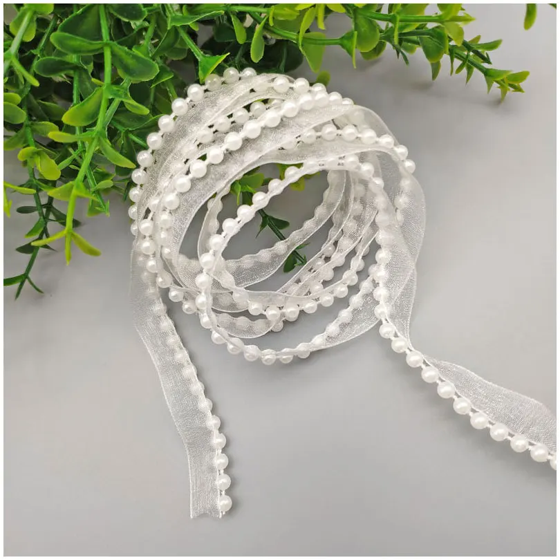 5Meters/Lot 1.2cm Chiffon Lace Ribbon with Fake Pearl DIY Apparel Sewing & Fabric Beaded White Lace Trimming Garment Tape