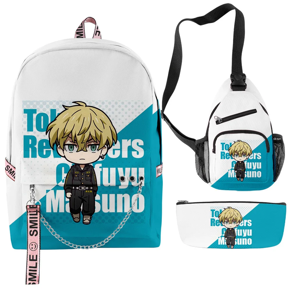 Popular Funny Anime Tokyo Revengers Q 3D Print 3pcs/Set Student School Bags multifunction Travel Backpack Chest Bag Pencil Case