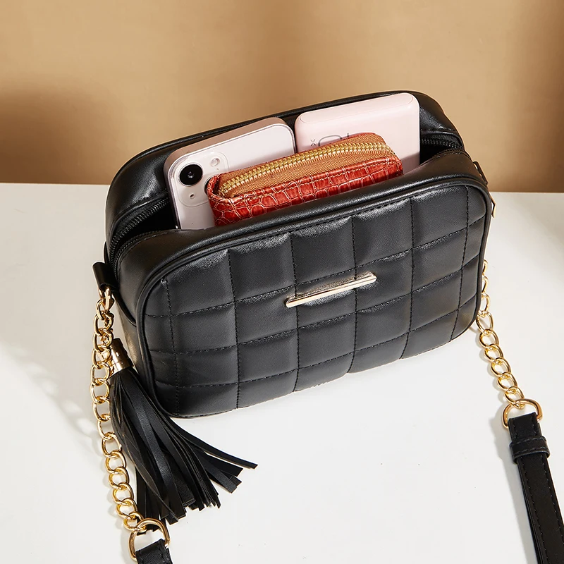 Black Luxury Handbags And Purse Women PU Leather Messenger Shoulder Bag Plaid Female Crossbody Bag Tassel Quilted Brand