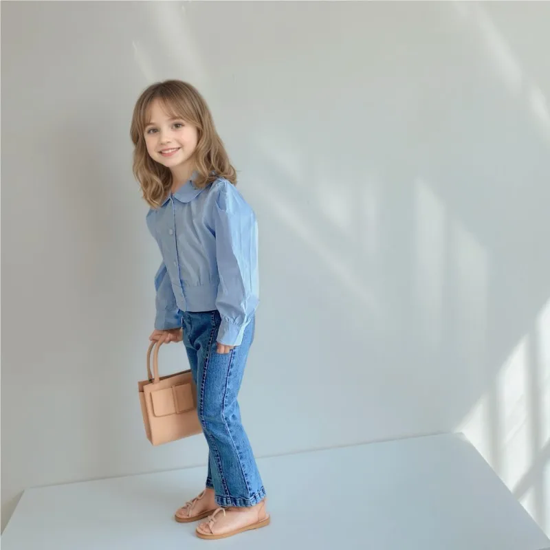  소녀 공주 코튼 블라우스 긴 퍼프 슬리브   아동 셔츠 솔리드 컬러 봄 가을  옷 1-7Y