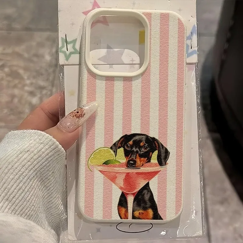 Pink Striped Puppy Cocktail Pattern Phone Case – Trendy Brand Design Cover