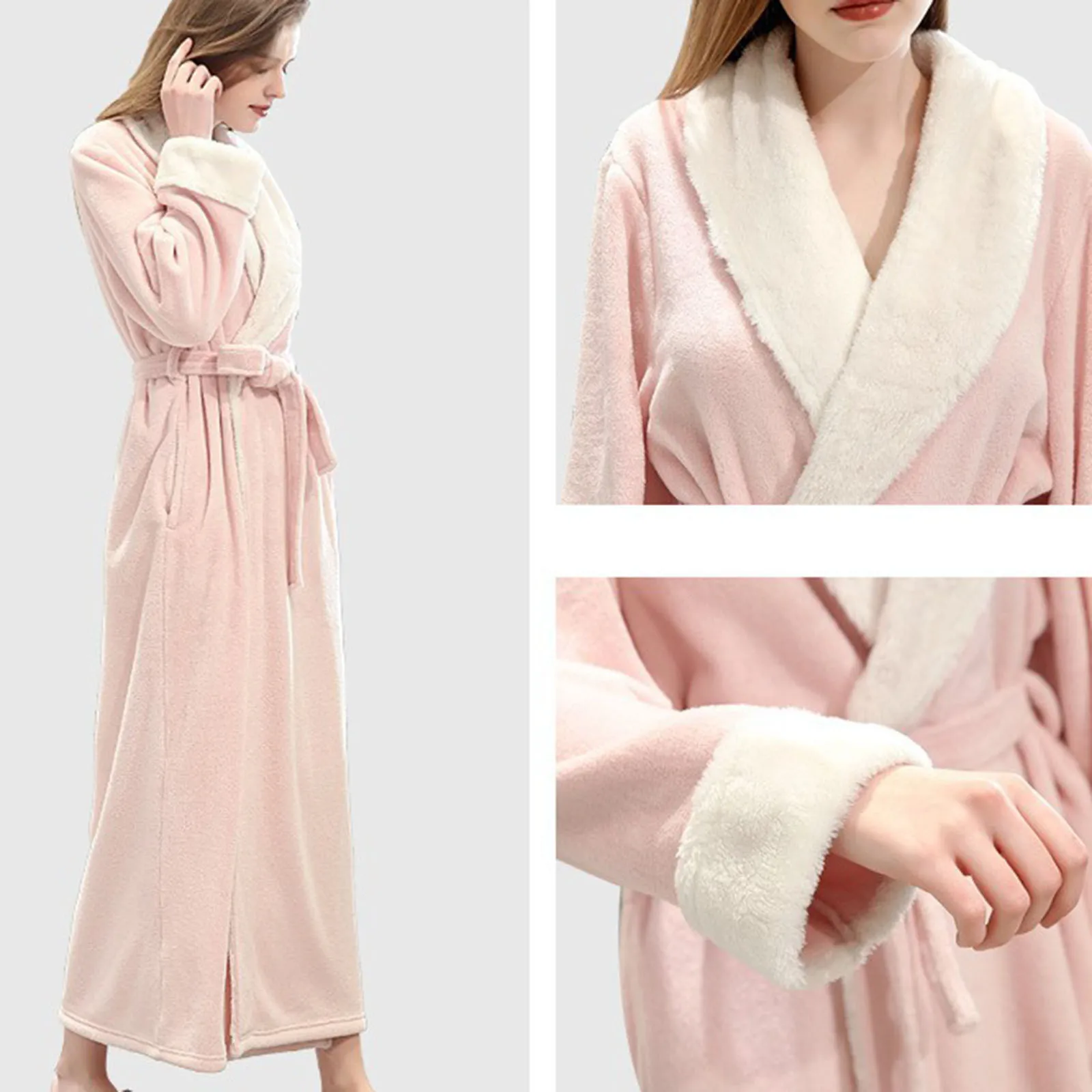 Womens New Soft Plush Bathrobe Kimono Bathrobe Fleece Robe Autumn Winter Solid Nightdress Fluffy Cute Long Coat Night Robe