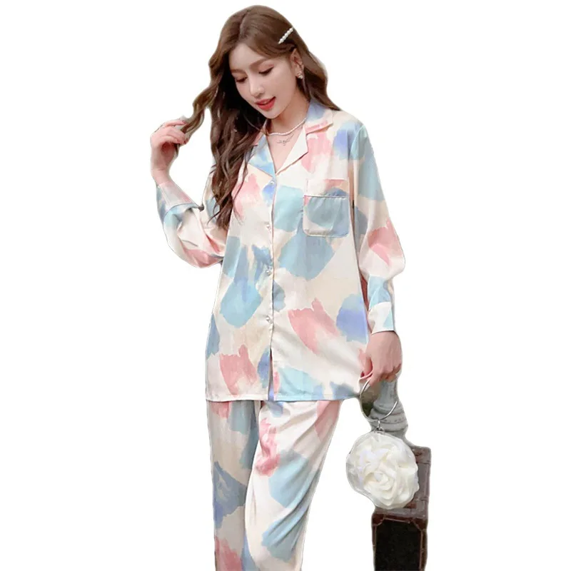 New Sleepwear Women's Ice and Snow Silk Fashion Printed Long sleeved Pants Cardigan Home Fury