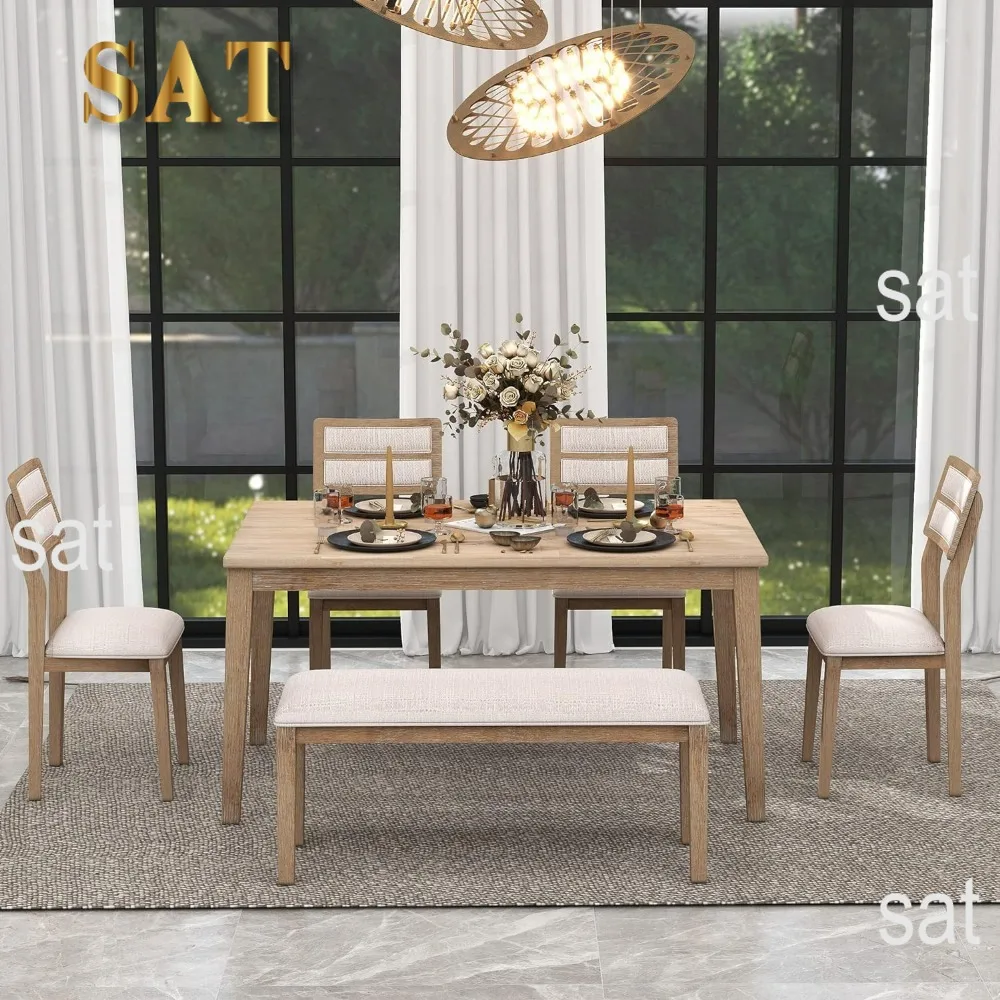 6-Piece Wooden Dining Table Set with 4 Upholstered Chairs and 1 Bench, Natural Wood Wash, Kitchen Table Sets