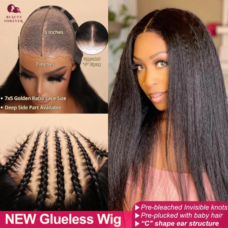 Beautyforever Bye Bye Knots Glueless Wig Human Hair Ready to Wear Preplucked Yaki Straight Lace Front Human Hair Wig