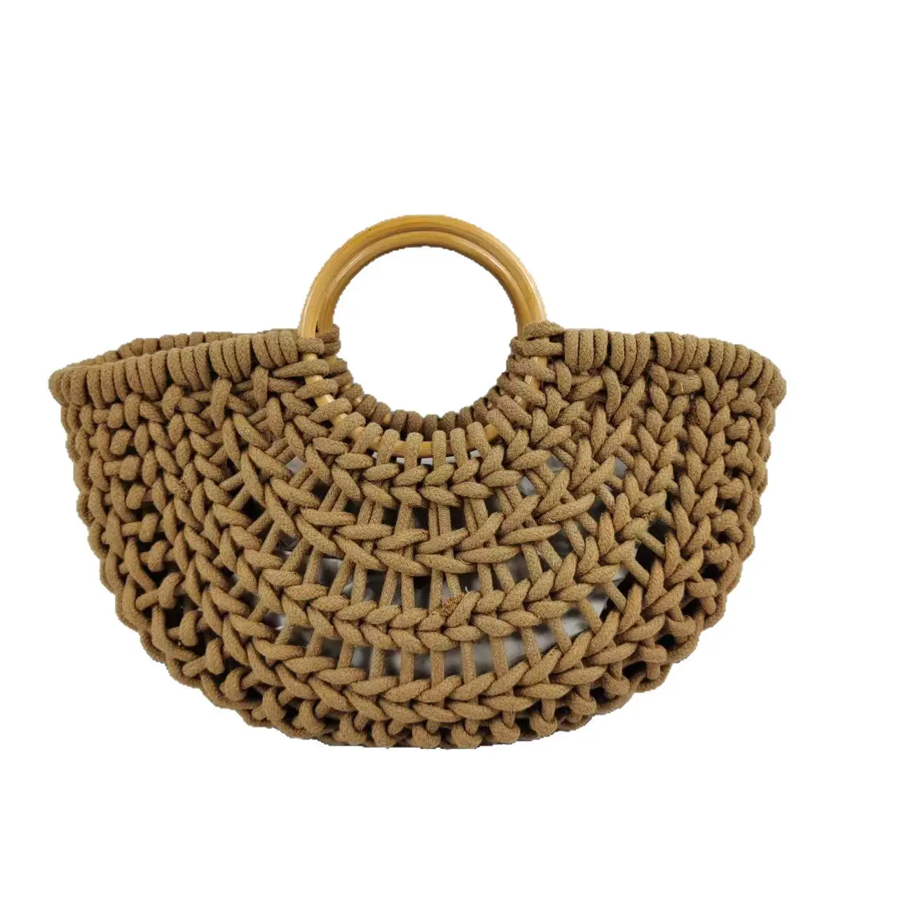Cotton thread rope wood Bag Women Hand-Woven Handbag Moon Shape Rattan Bag Drawstring Casual Beach Shoulder Crossbody Bag