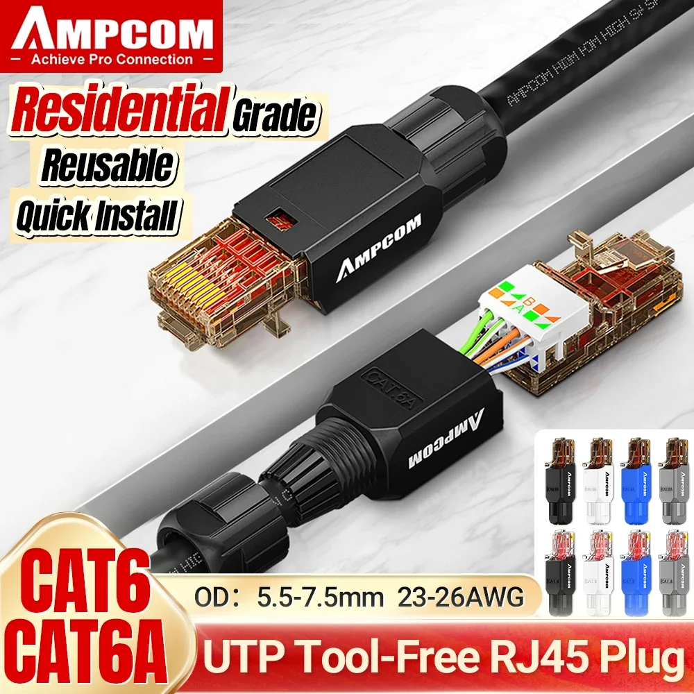 AMPCOM RJ45 Connector Tool Free CAT6A CAT6 10Gbps UTP Field Modular Plug Tool free Ethernet Reusable Termination Lan Plugs