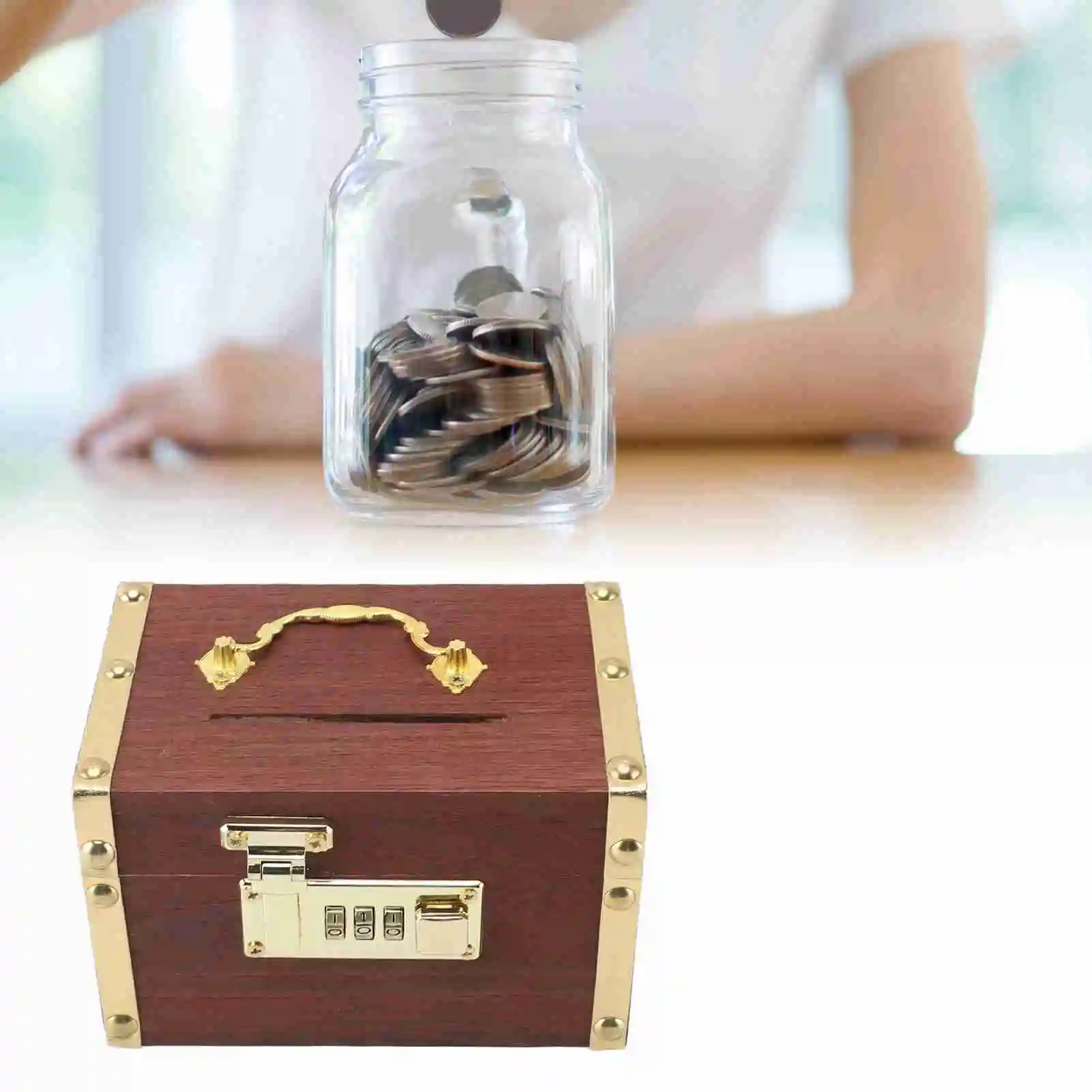 Wooden Treasure Chest Educational Large Capacity Locking Safety Multipurpose Wood Money Storage Box with Password Lock for Kids 2