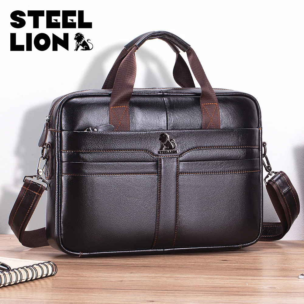 STEEL LION Herren-Aktentasche aus Leder, Business-Bürotasche mit großem Fassungsvermögen, Computertasche aus Rindsleder, kann von Hand oder Schulter getragen werden