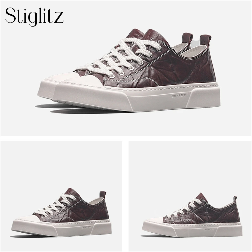 Genuine Leather Men's Sneakers Lace-Up Round Toe Comfortable Casual Shoes Height Increase Multi-Color Breathable Daily Footwear
