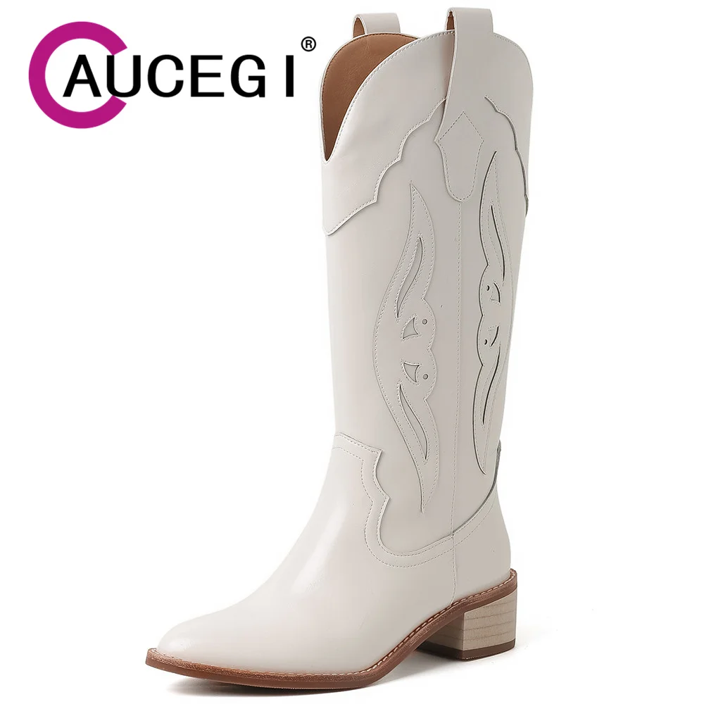 

Aucegi Vintage Women's Patchwork Cowboy Knee High Boots Chunky Heel Genuine Leather Sewing Slip On Party Casual Western Shoes