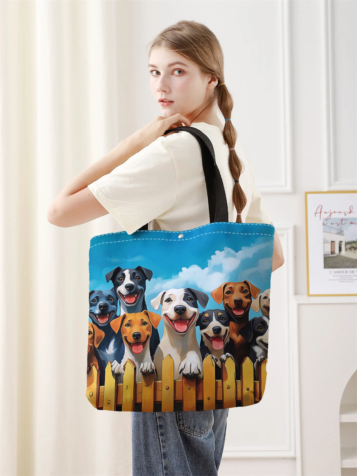 1pc，Cute cartoon dog pattern handbag, reusable fashionable handbag, multifunctional handbag, printed canvas shopping bag