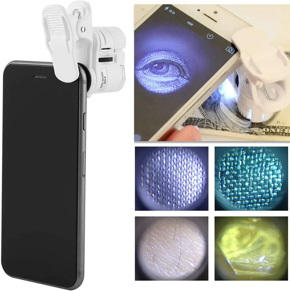 Magnifying Glass with Light 60x Zoom Microscope LED UV Light Clip-on For Universal Mobile Phones