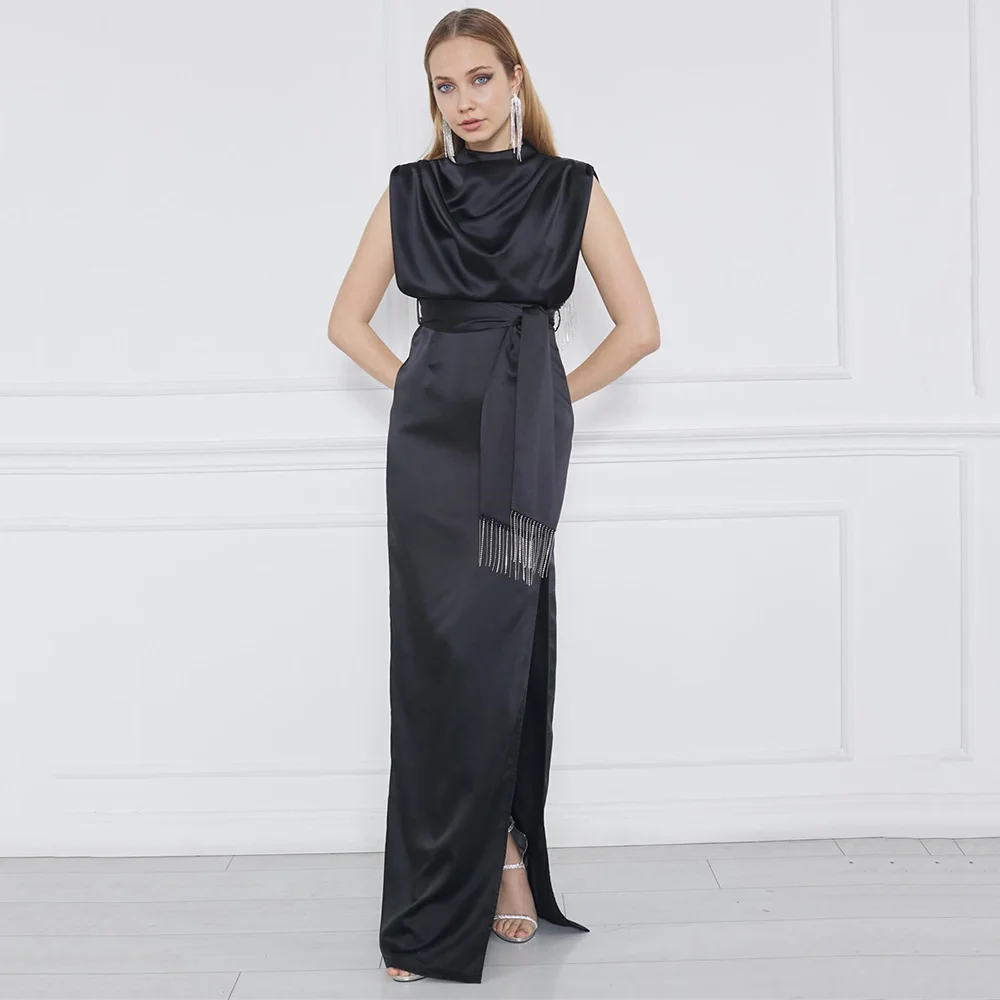 

Elegant Prom Dresses Backless High Satin Sexy Tassel A-line Slit Black Evening платья на торжество