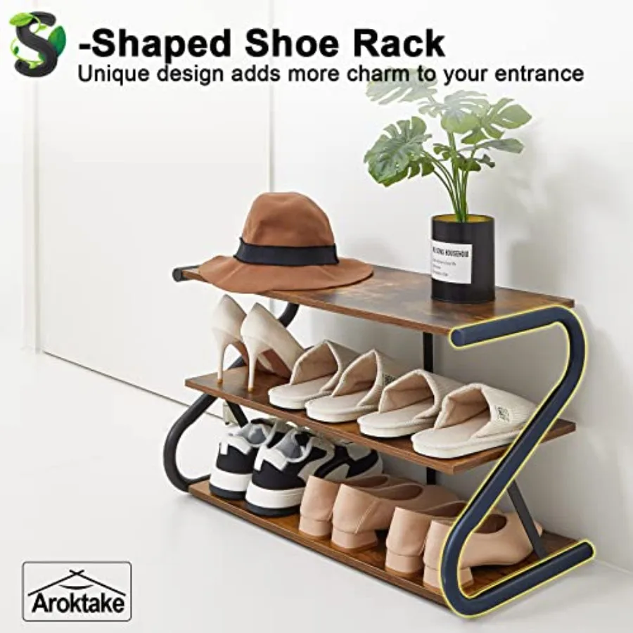 3Tier Shoe Rack ZFrame Wooden Shoe Shelf with Durable Metal Shelves for Hallway Living Room Closet Bedroom Rustic